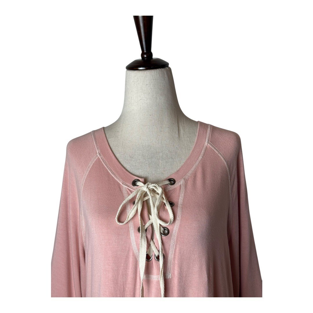 JUDE Shirt Women Large Pink Lace Up Knit Lightweight Pullover Athleisure USA