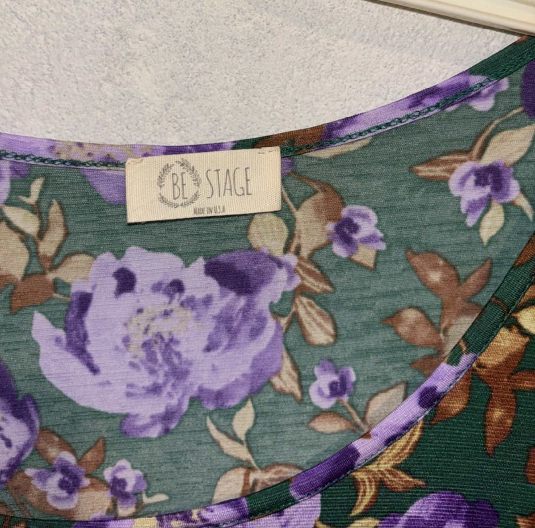 Be Stage Womens L Green Purple Boho Floral Print Long Sleeve Babydoll Tunic Top