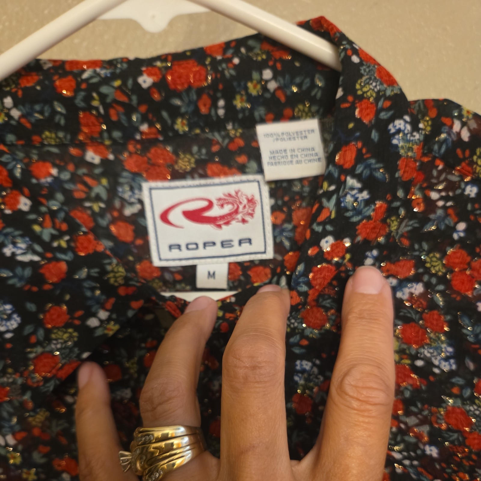 ROPER Red Gold Metallic Floral Sheer Diamond Button Snap Collared Blouse Medium