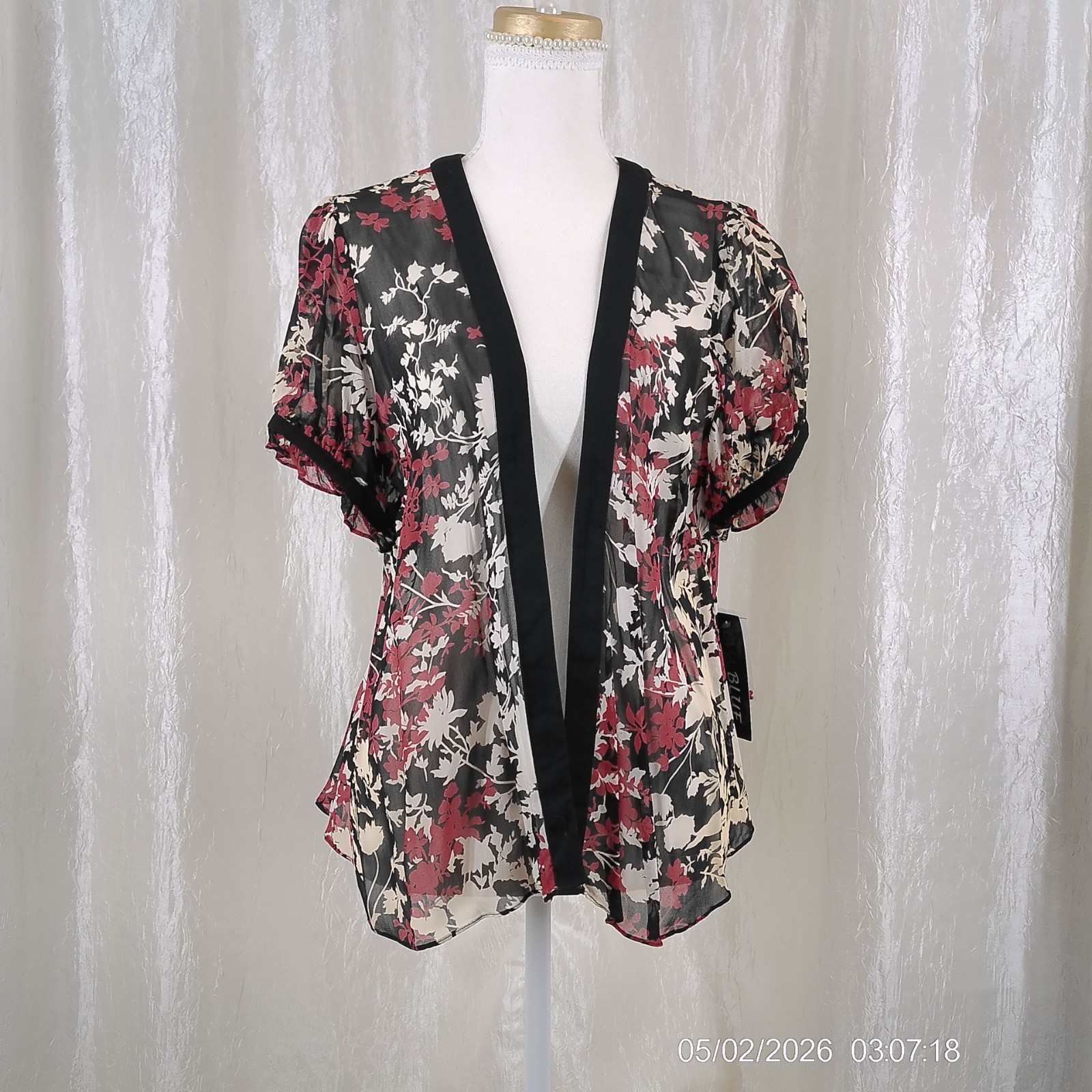 Eva Blue Petite 14 Boho Sheer Floral Kimono Cardigan Black Red Open Front