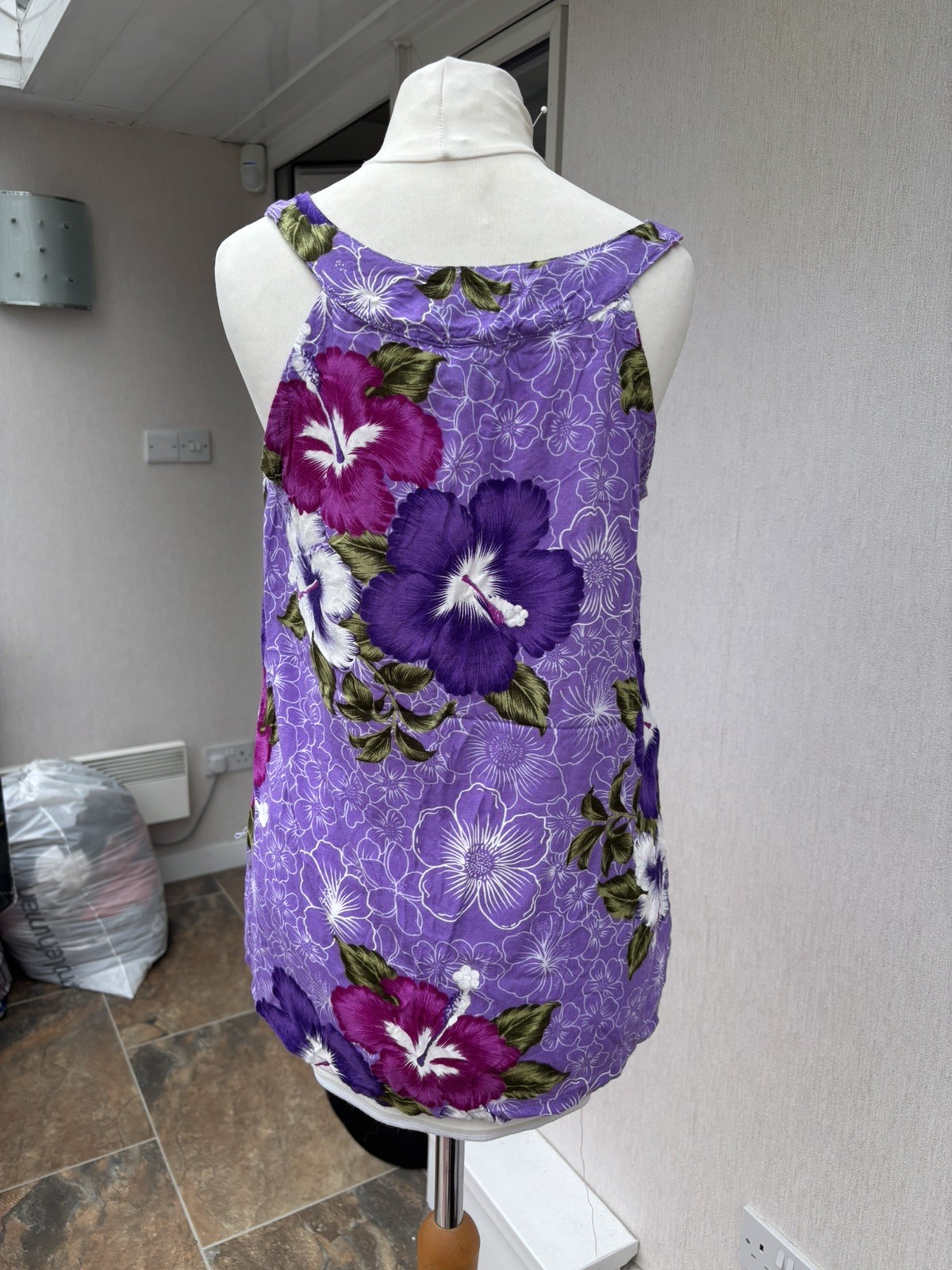 Vintage Aloha Fashion Hawaiian Hibiscus Tank Top Purple Rayon Boho UK L Y2K