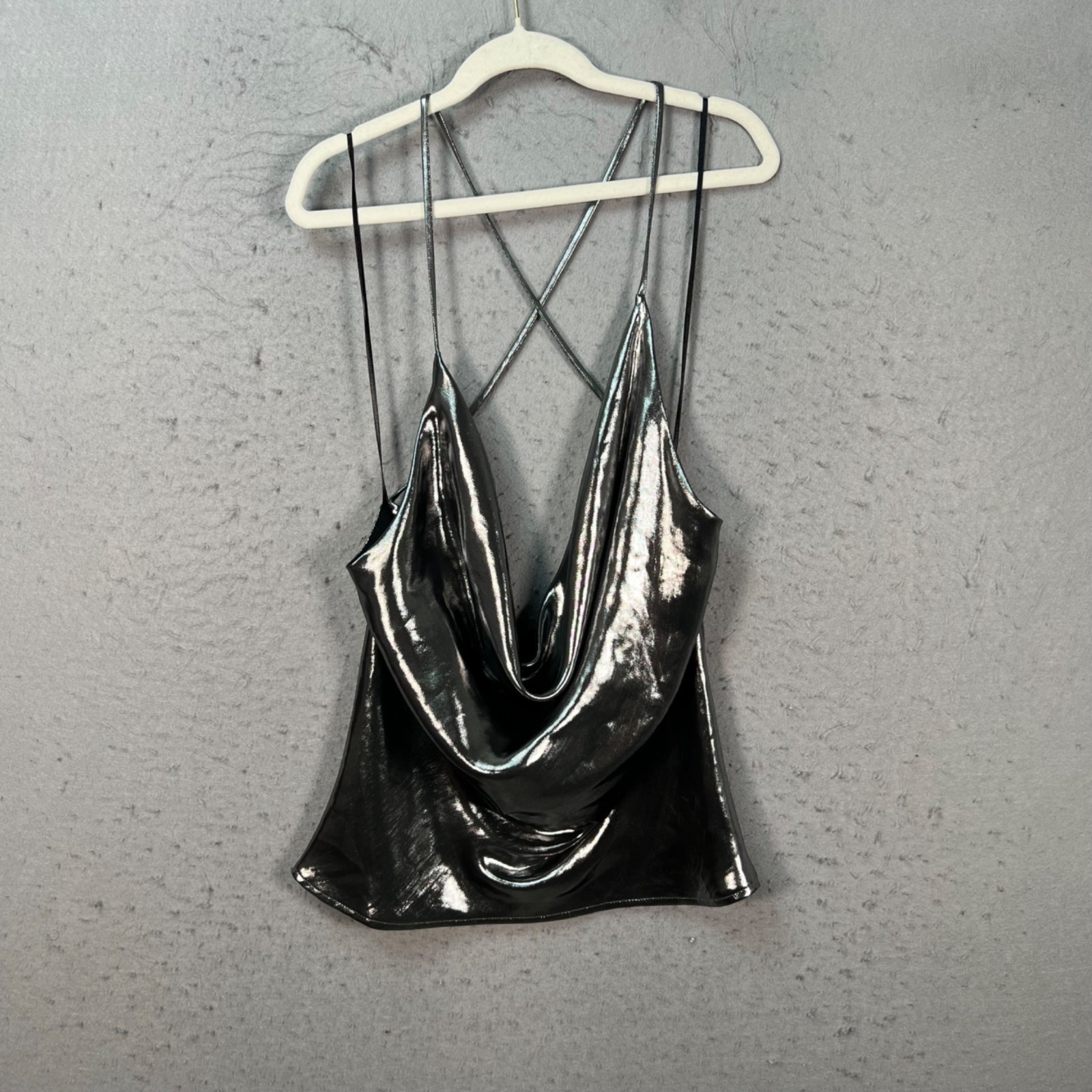 Zara Womens Small Metallic Silver Cross-Back Cowl Neck Tank Top