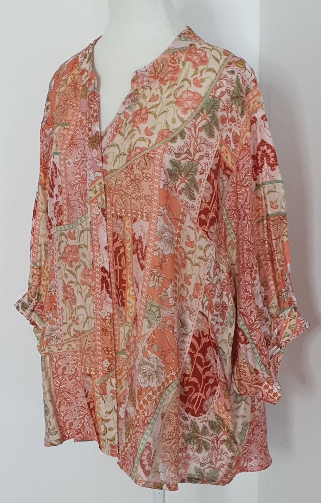 Caroline Morgan Sz 14-16 Boho Floral Patchwork Blouse 3/4 Slv Hi-Lo Hem BNWT