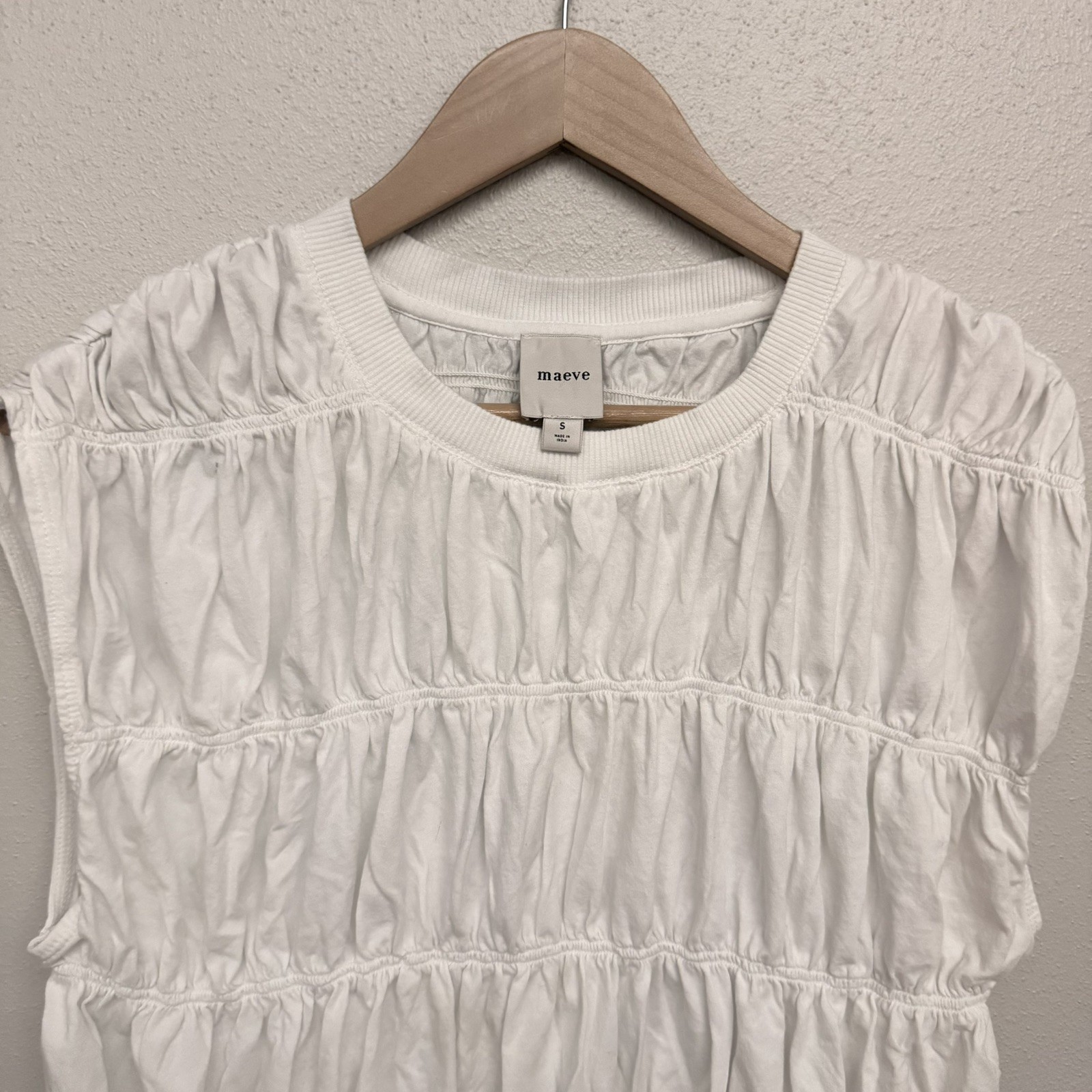 Anthropologie Maeve Top Shirt white Shirred Tiered Blouse Coastal Beach Womens S