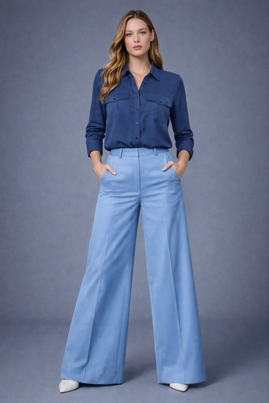 100% Silk Crepe Blouse Blue Button Front Women Size L Matte Lightweight