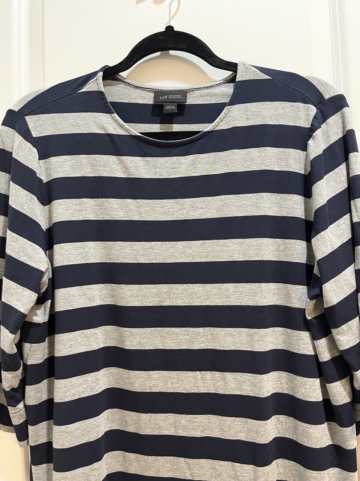 J Jill Wearever Collection Top Large Gray/Black Stripes 3/4 SLeeve Blouse
