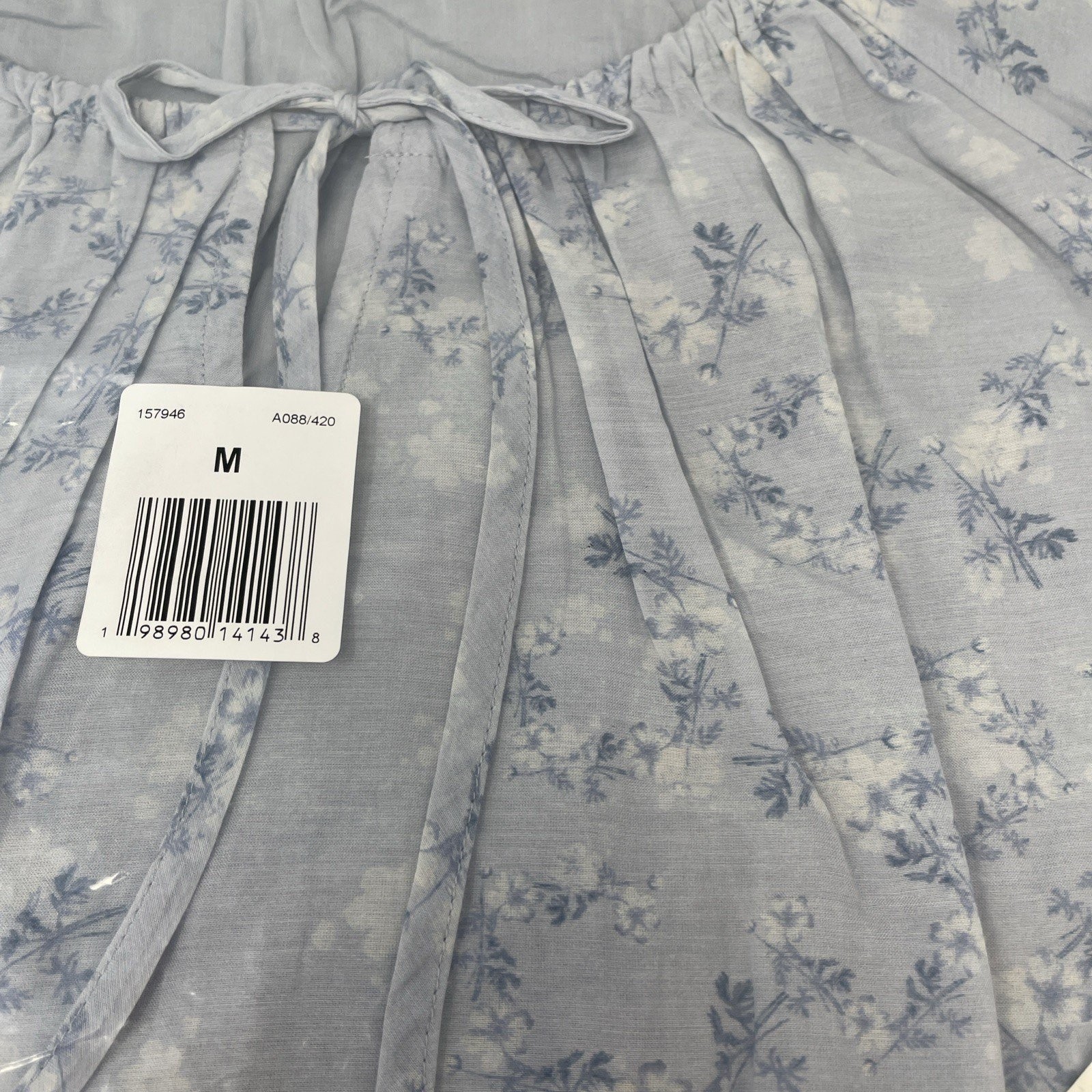 LUCKY BRAND SHORT SLEEVE BUBBLE TOP TIE NECK SHIRT BLUE FLORAL WOMEN’S MEDIUM M