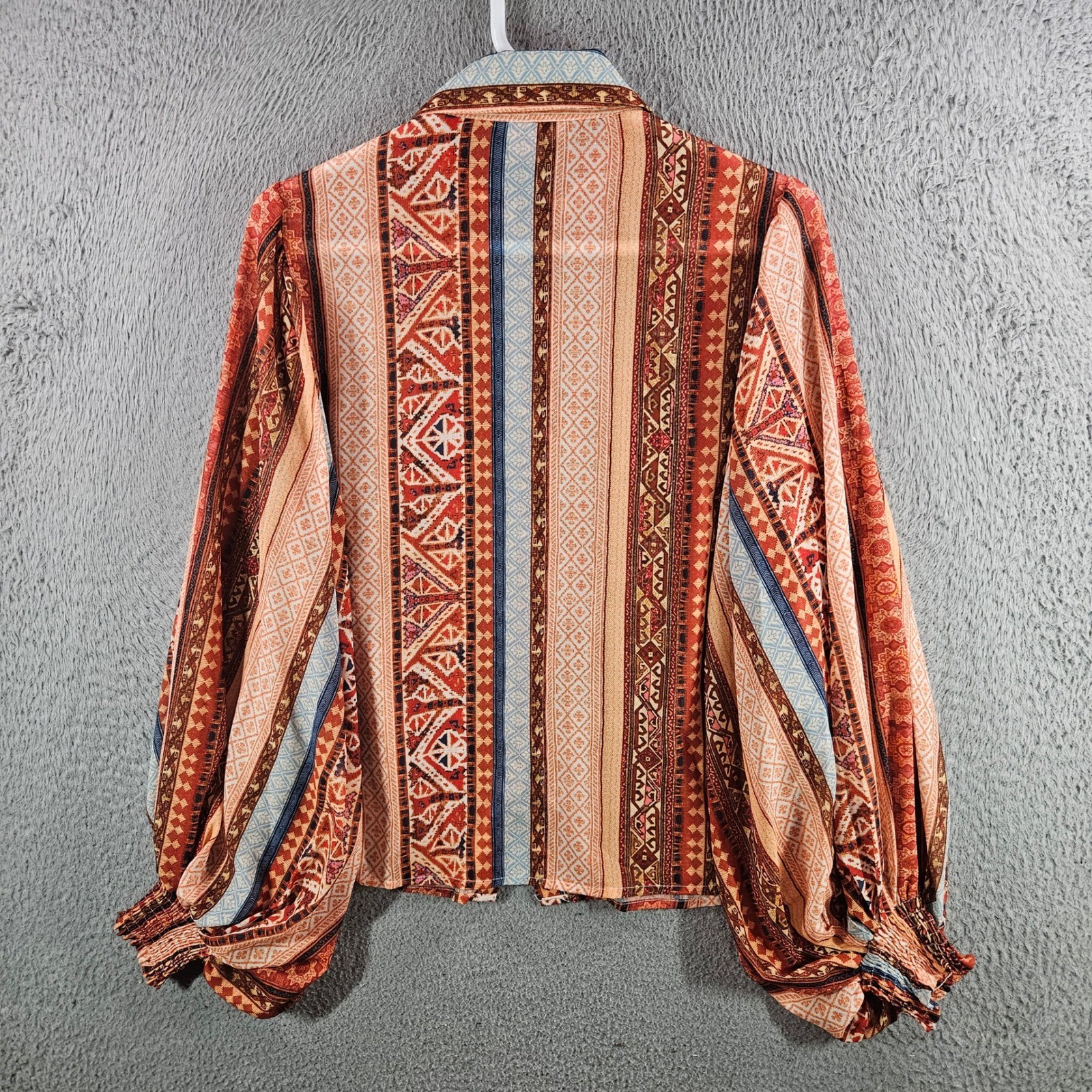 Flying Tomato Orange Blue Boho Geometric Balloon Sleeve Blouse Small