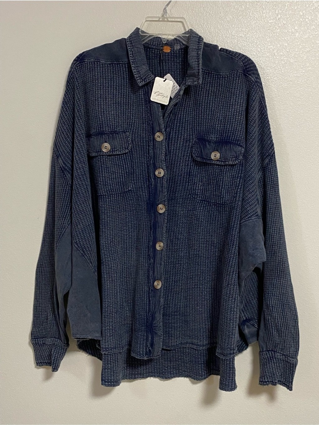 Free People One Shirt Jacket Size Large Navy Waffle-Knit Button Scout Jacket