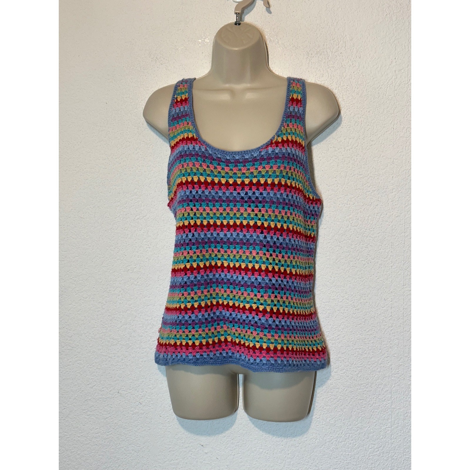 White Stag Vintage Crochet Tank Top Multicolor Striped Ramie Cotton XL