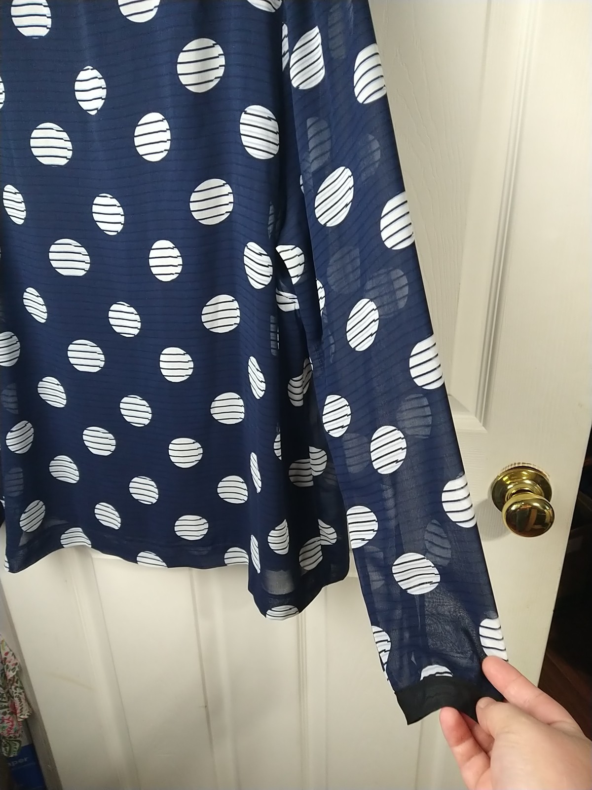 Northstyle Woman L Blouse Long Sheer Sleeve Blue Polkadot Striped Tank Lined…