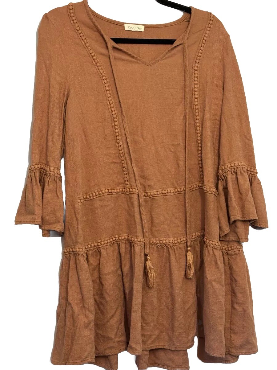 Cotton Bleu Women’s Tunic Shirt Flowy Bell Sleeves Accents Size Small