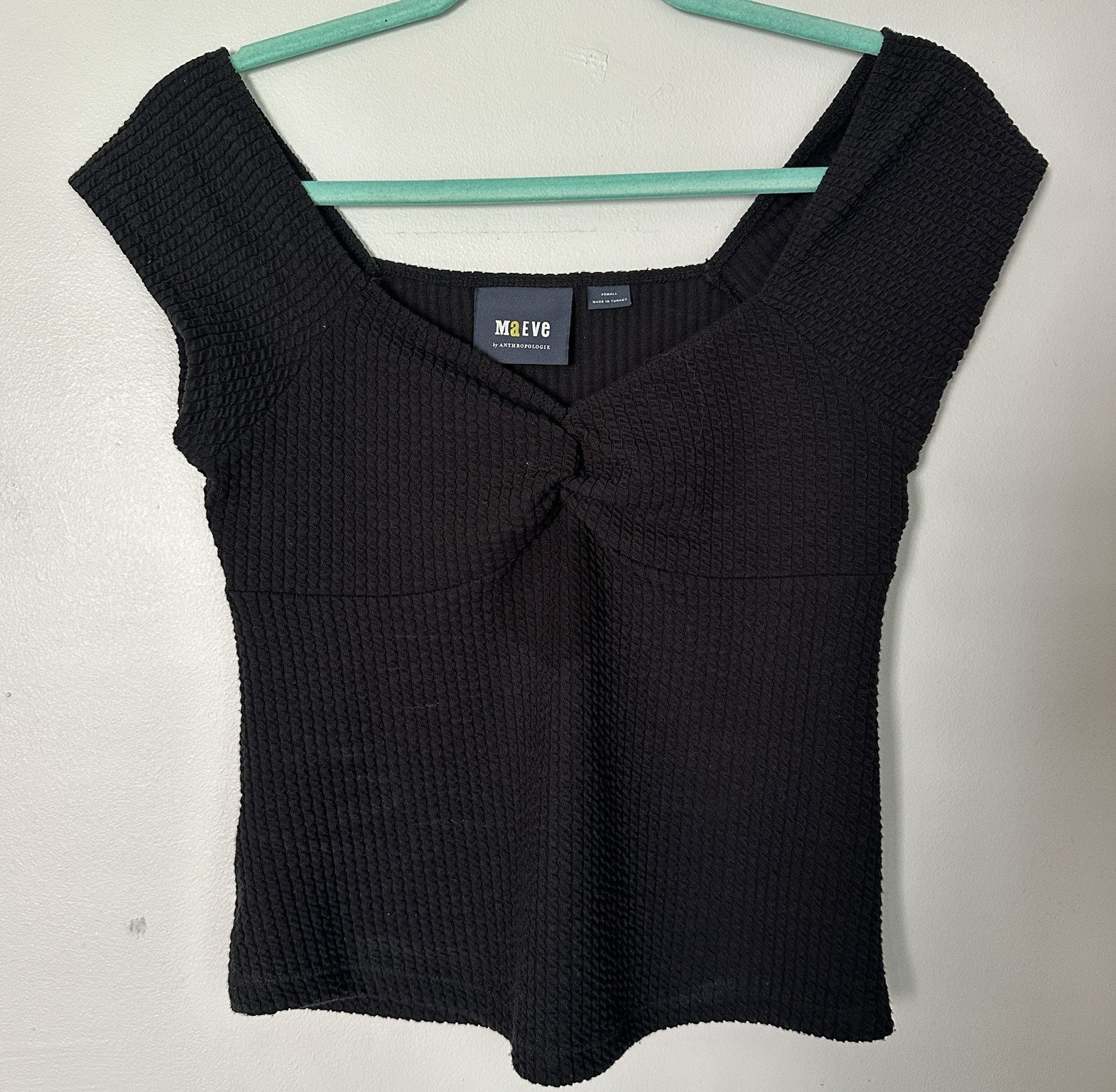 Maeve Black Solid V-Neck Cap Sleeve Twist Front Knit Top Womens Regular XS