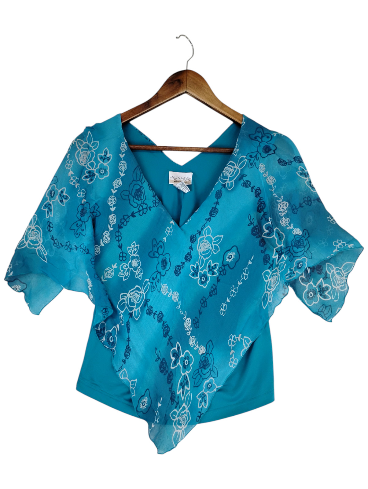 Y2k New York City Design & Co. Silk Blue Floral Flowy Rose V-Neck Top Womens L