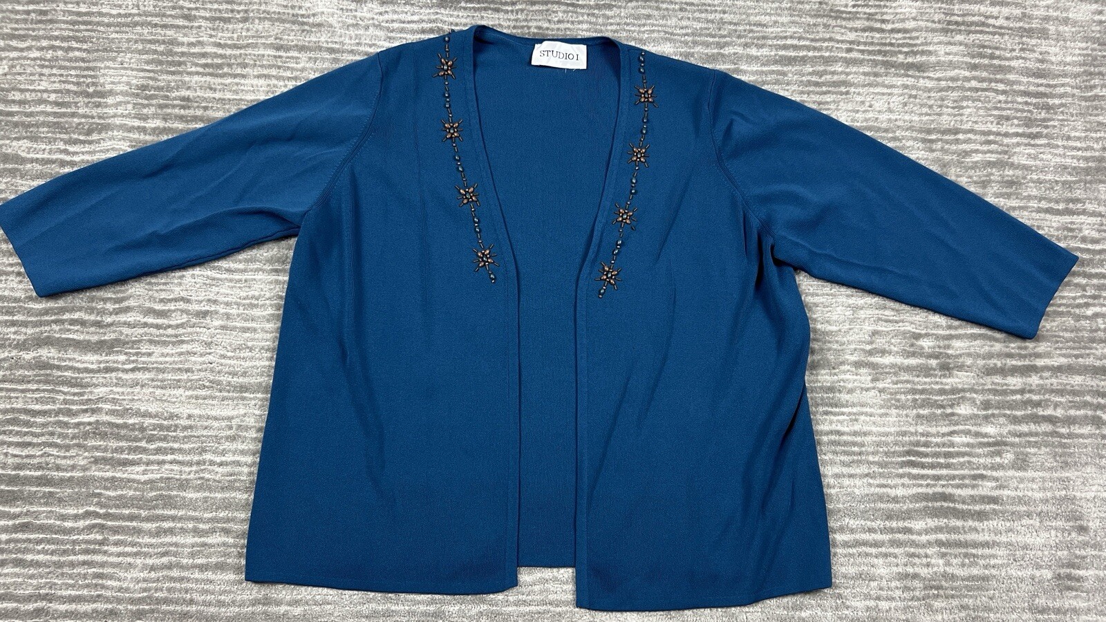 Studio I Top Womens XL Blue Beaded Cardigan 3/4 Sleeve Open Front Casual