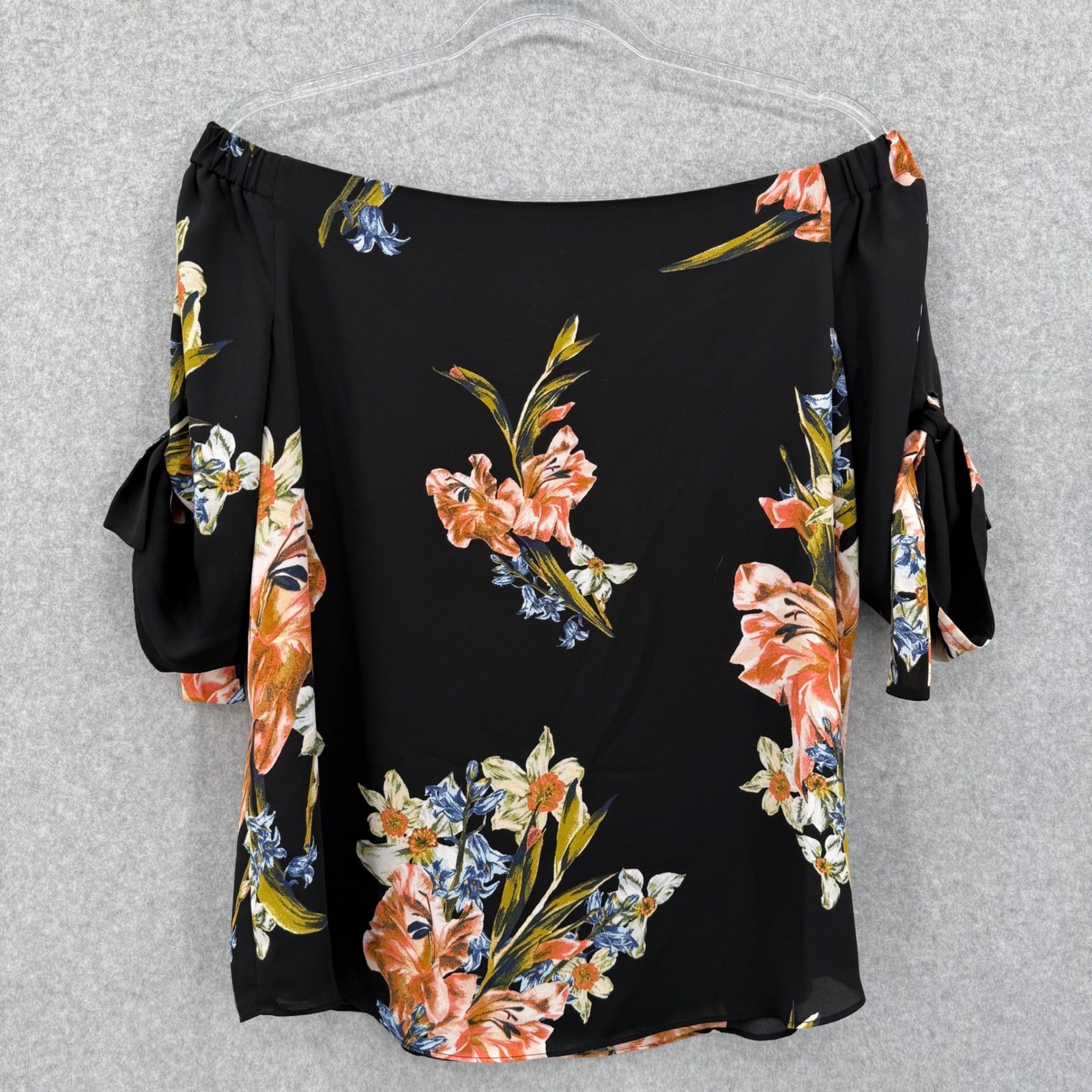 BABATON Aritzia Malik Black Floral Off Shoulder Blouse Tie Sleeves Top Size M
