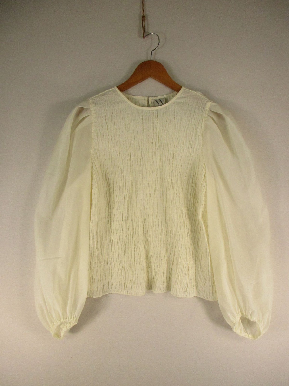 Worthington Blouse Womens XL Ivory Crinkle Textured Bodice Sheer Bishop Sleeve