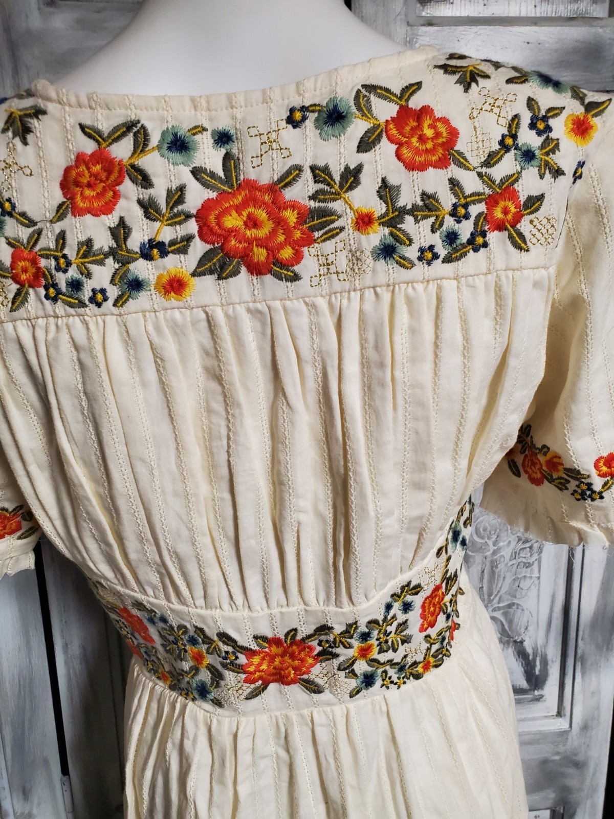 Embroidered Cotton Peasant Cottage Button Up Short Sleeve Dress XS hippie boho
