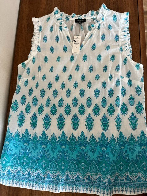 NWT Talbots P White Blue Green Print Split Neck Cotton Sleeveless Top Orig $79