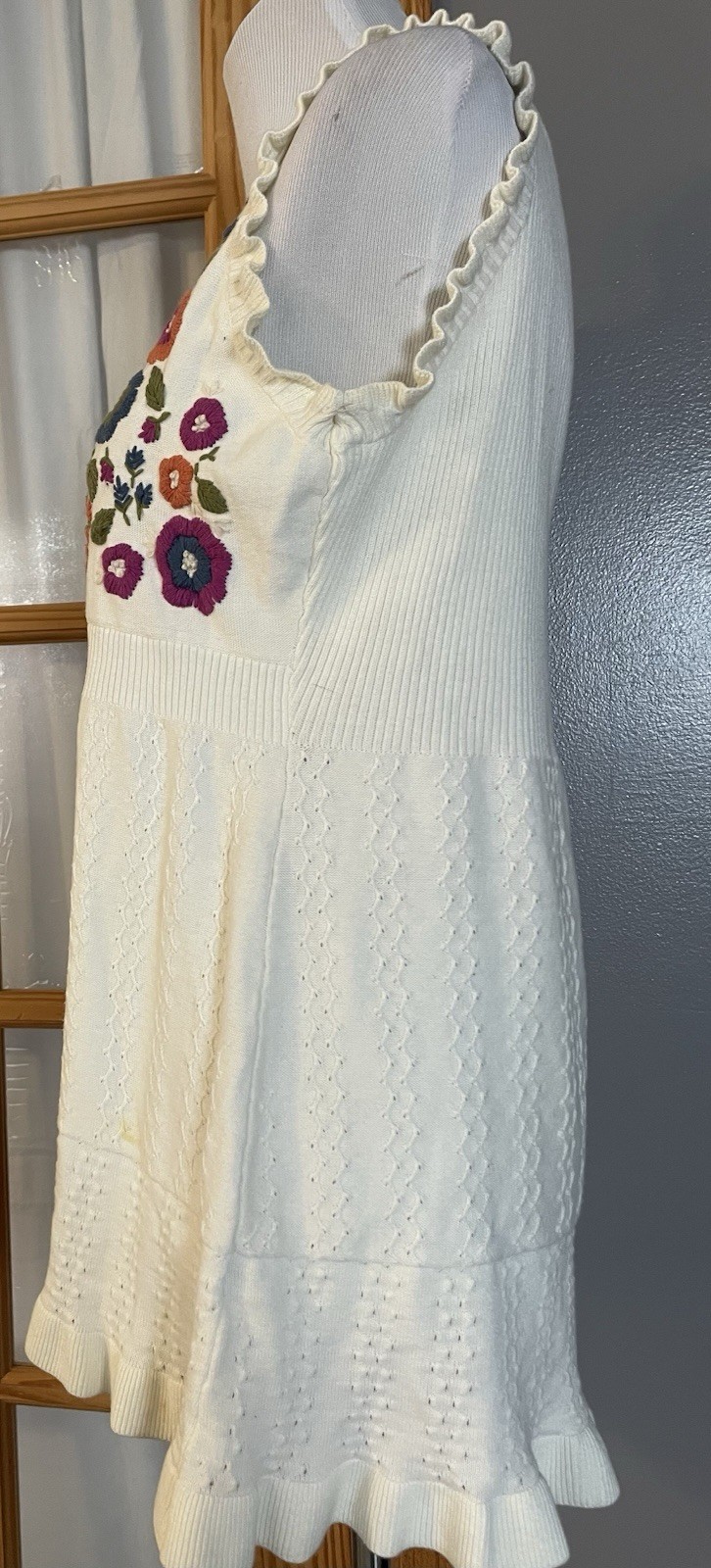 Y2K RXB Floral Embroidery A-Line Top L Orange Purple Knit Ruffles Buttons Boho