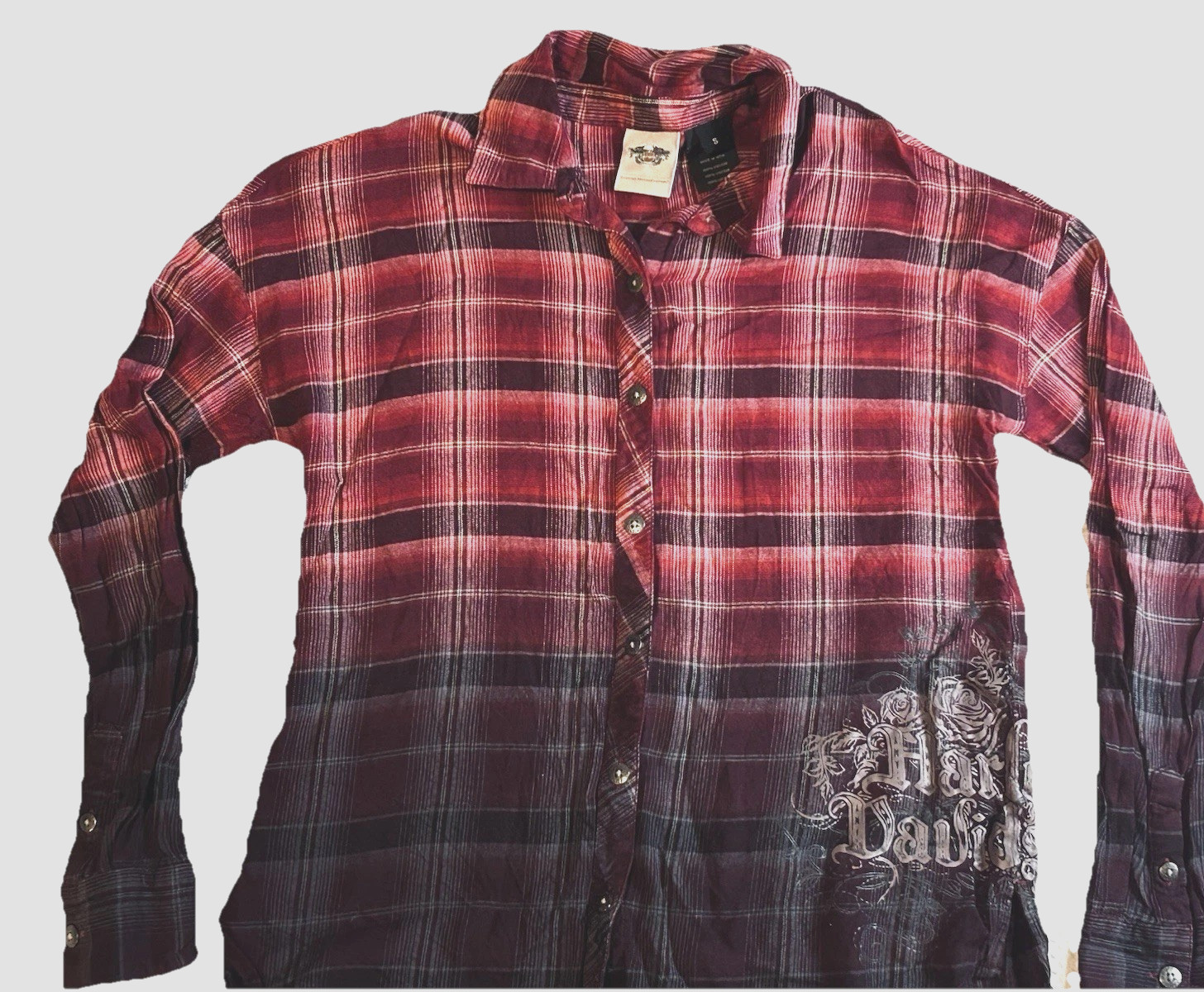 Harley Davidson Ombré Women’s Small Plaid Long Sleeve Shirt Magenta Purple Wine