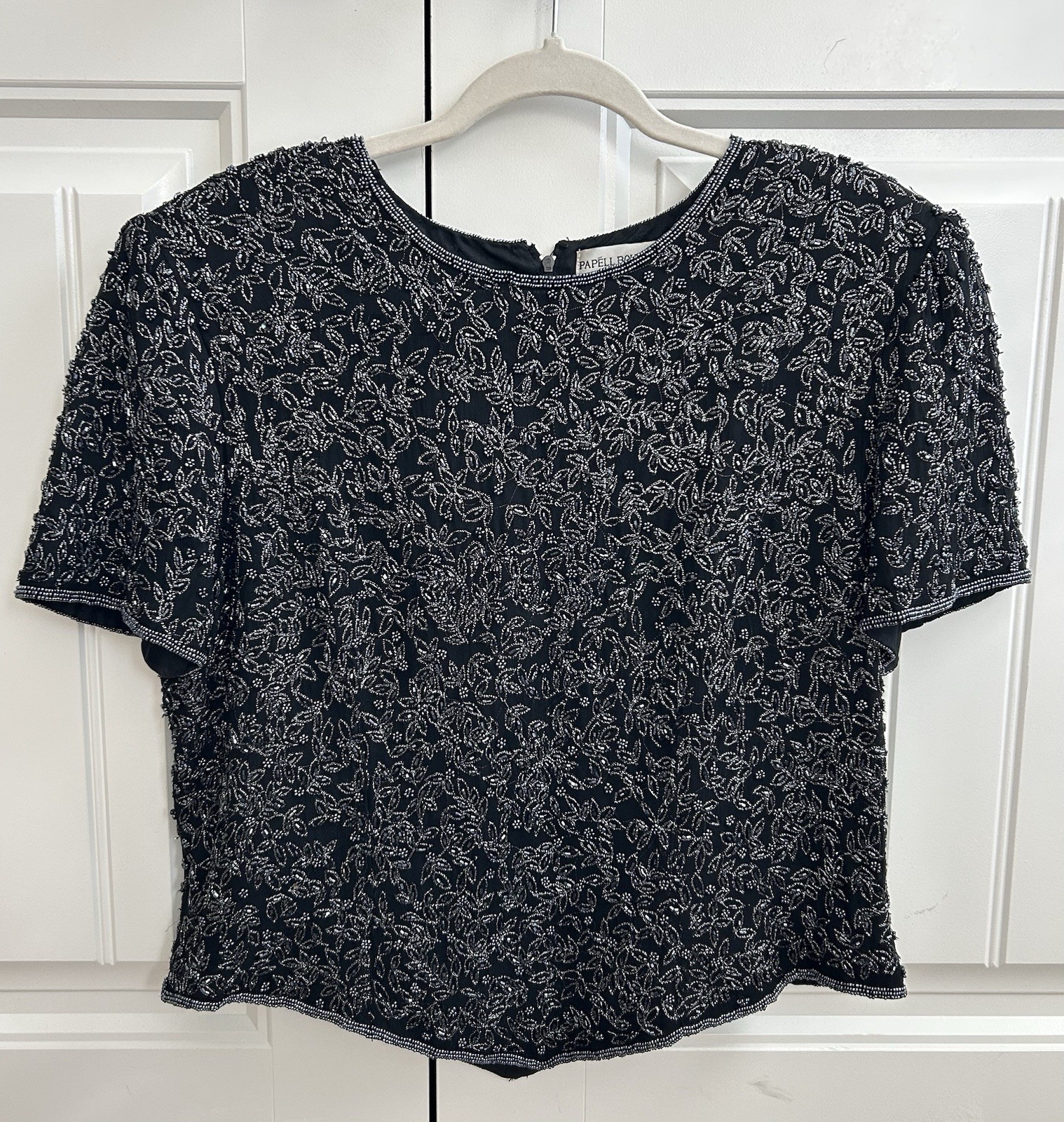 Papell Boutique Evening Beaded Blouse Black & Silver Women’s XL VTG Formal