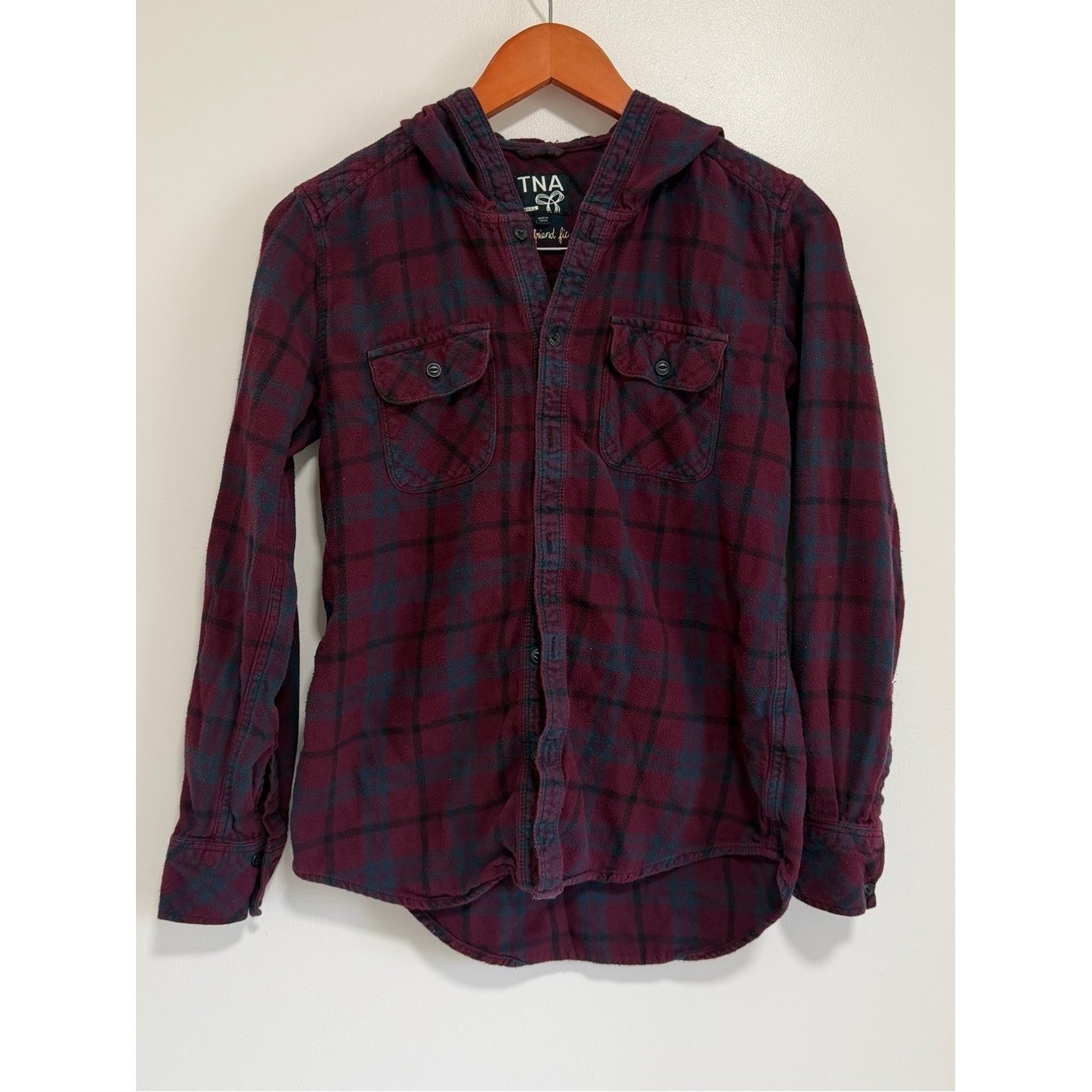 TNA Hooded Plaid Flannel Button Up Shirt Burgundy Womens XS Boyfriend Fit Hoodie