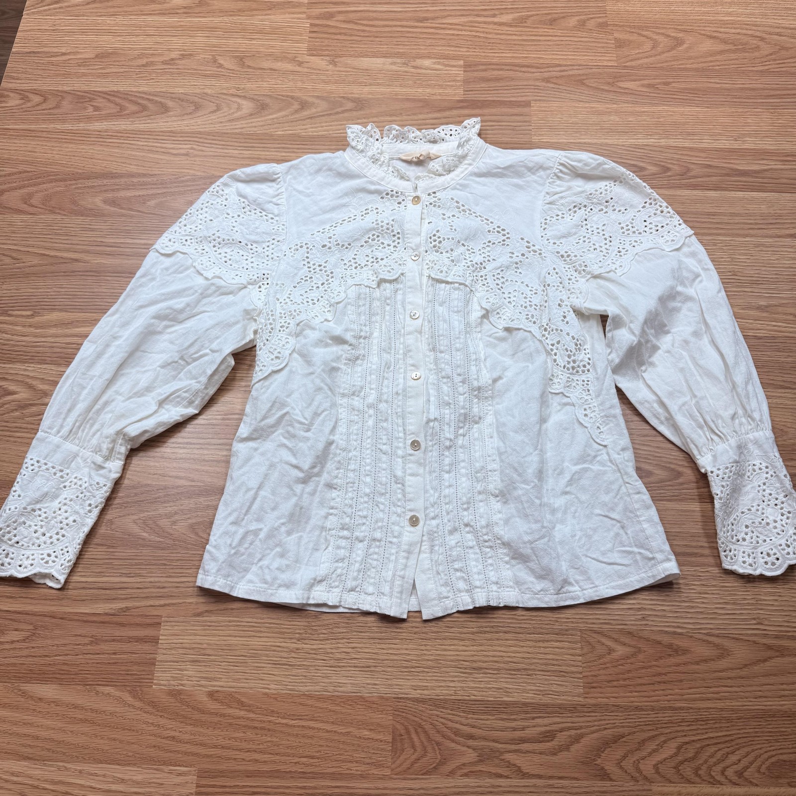 Rebecca Taylor Blouse Womens 6 White Eyelet Embroidered High Neck Long Sleeve