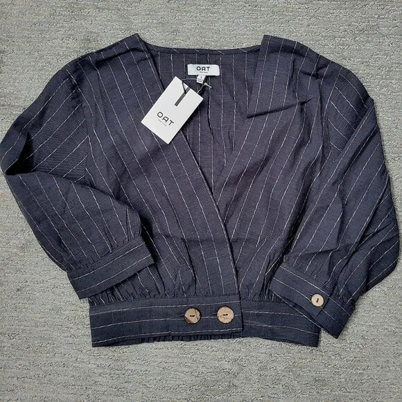 Oat New York Navy Striped Cropped Button Wrap Top