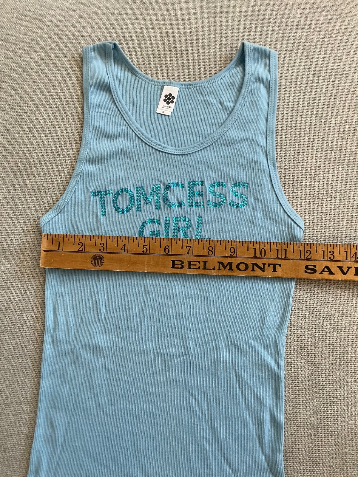 American Apparel Classic Girl Ribbed Tank Top Baby Blue Bedazzled XL