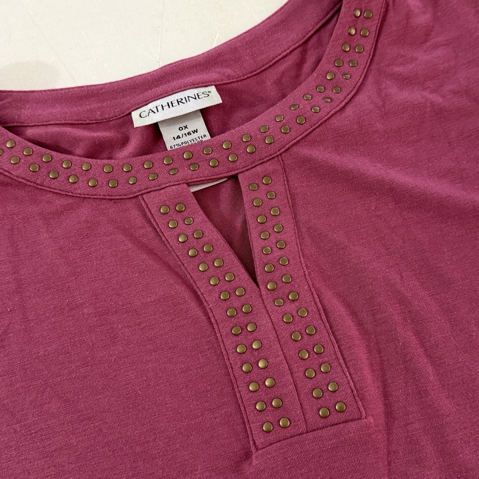 Catherines Pink Studded Split Notch Neck Knit Tunic Top 3/4 Sleeve 0X 14/16W NWT