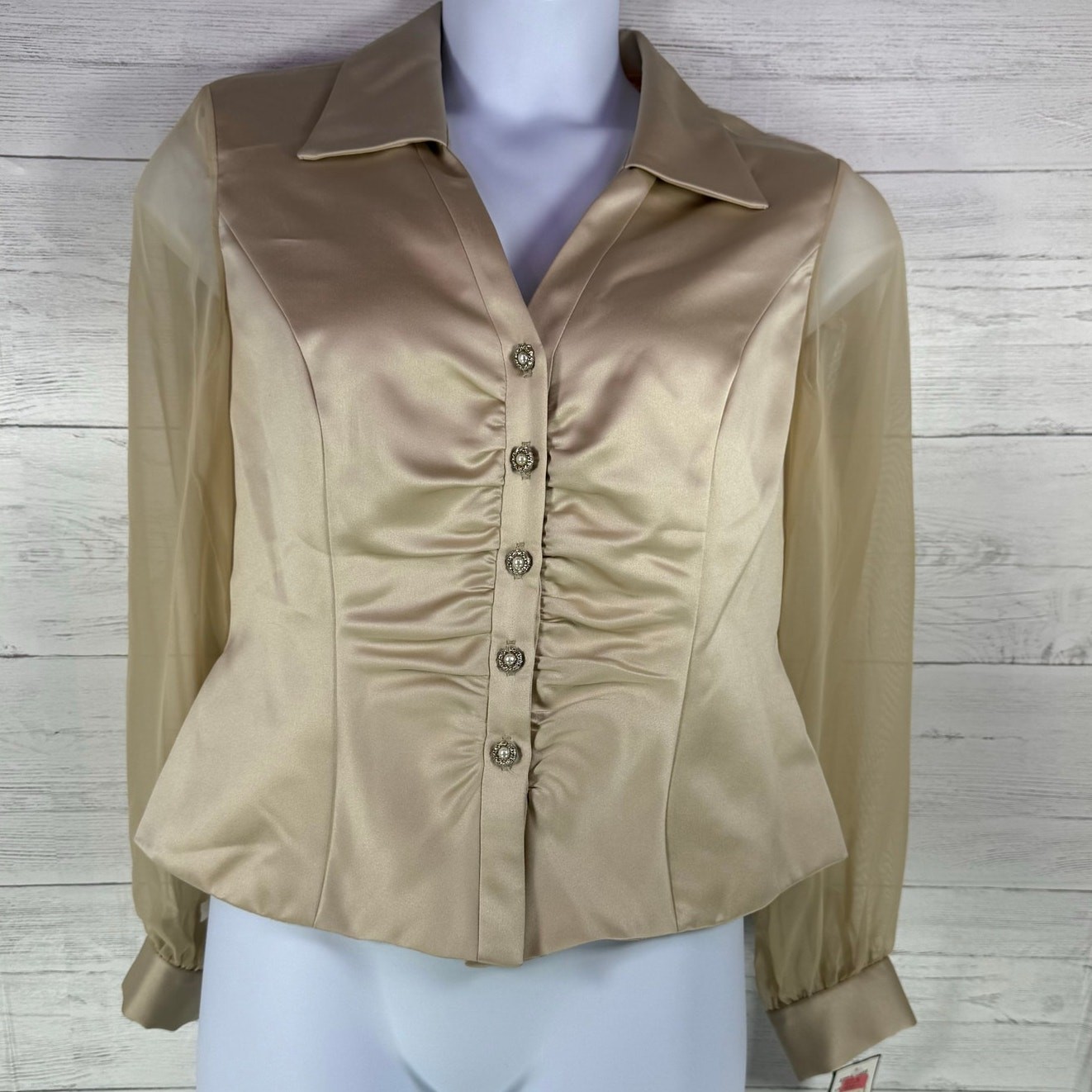 VTG NWT JR Nite 16 gold sheer diamond button blouse women glam bling luxury USA