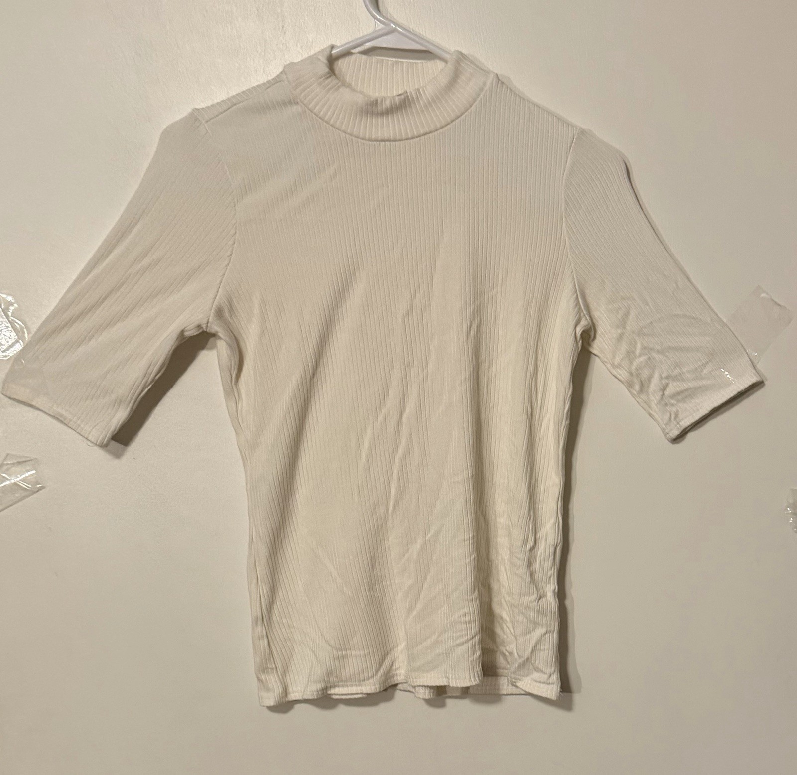 Cyrus Essentials Off White Ribbed Mock Neck Top Small S Rayon Stretch Minimalist
