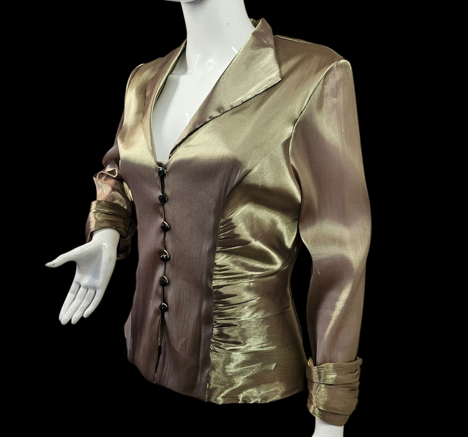 Y2K Joanna Chen Xscape Champagne Green Shimmer Evening Blouse Jacket Women 14