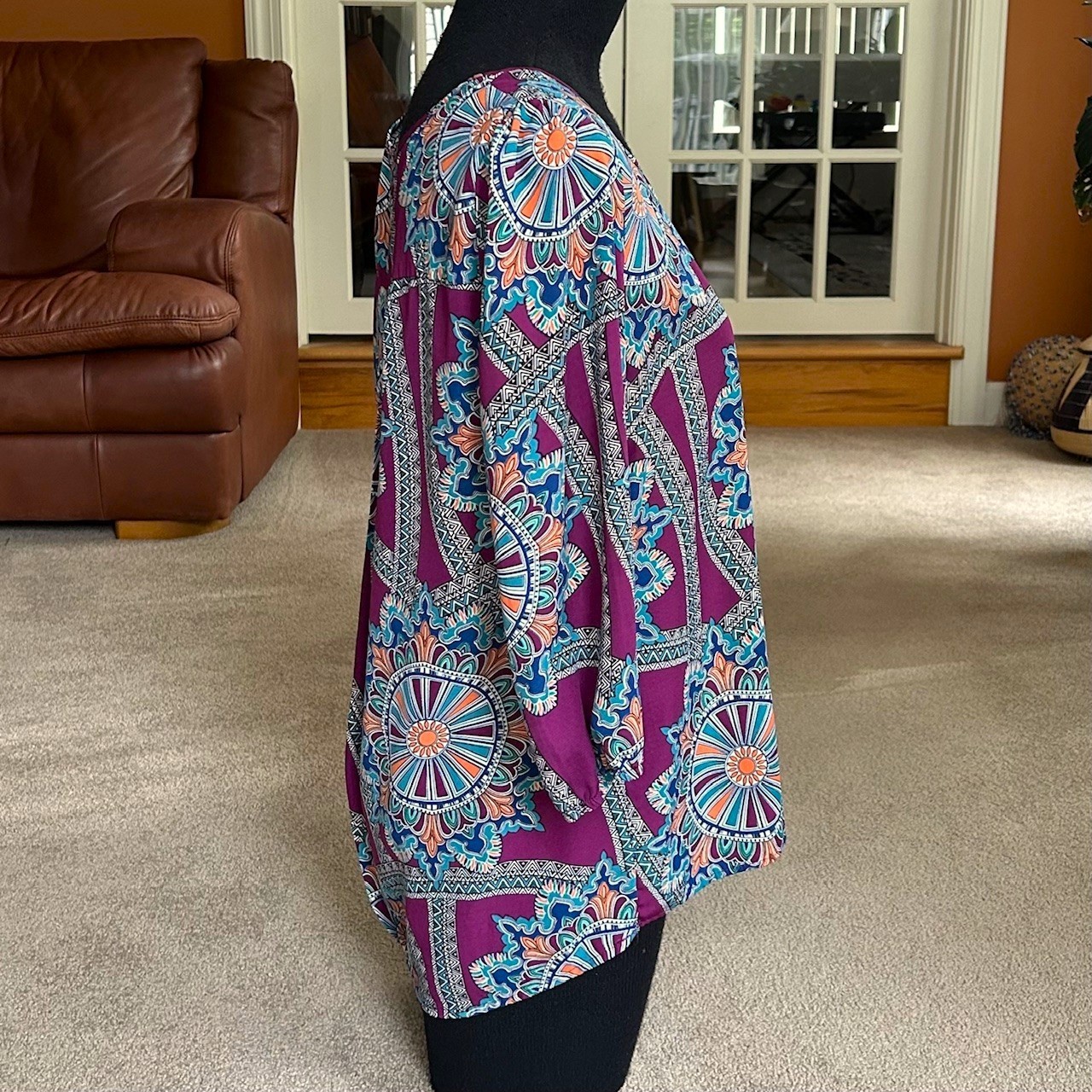 PINK OWL Boat Neck BoHo Top Blouse Burgundy Teal Multi Size M L Ret $60