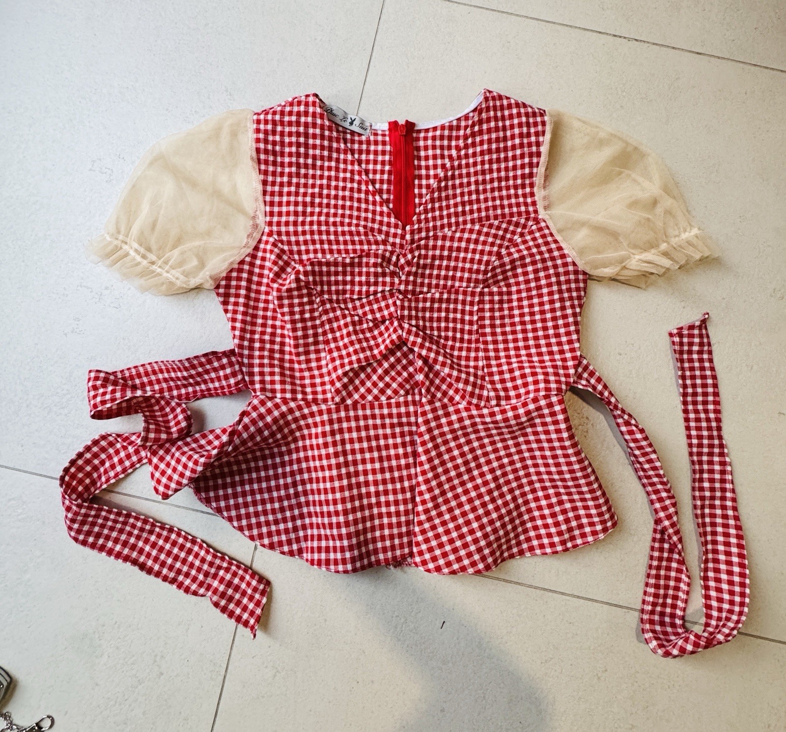 Vintage Style Red Gingham Peplum Blouse Sheer Puff Sleeves Bow Front XS S Japan