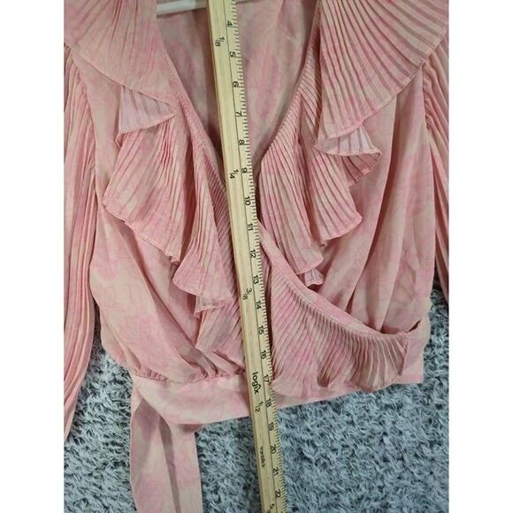 AMUR Women Coquette Romantic Ballet Wrap Top L Pink Floral Pleated Ruffle Blouse