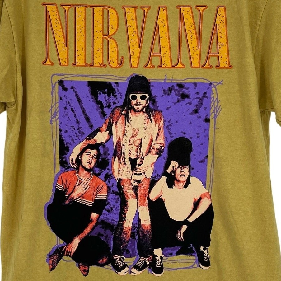 Officially Licensed Nirvana Grunge Tee Yellow Acid Wash Large Vintage Style