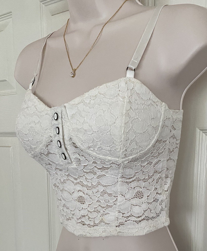 Forever 21 White Floral Lace Bralette Spaghetti Strap Cropped Cami Tank Top ~ S