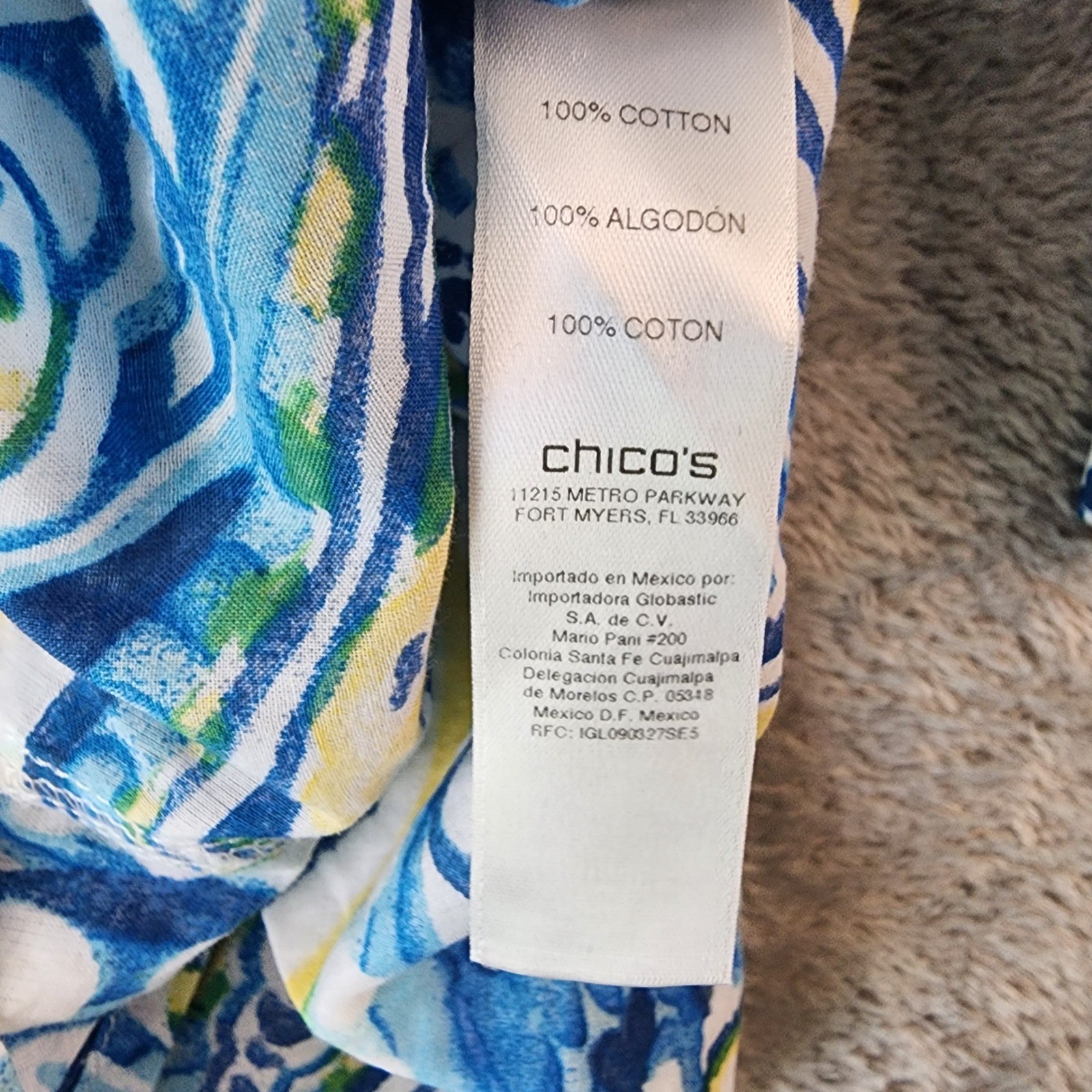 Chicos Shirt Womens Size 3 Blue Yellow Paisley Roll Tab Button Down Boho Casual