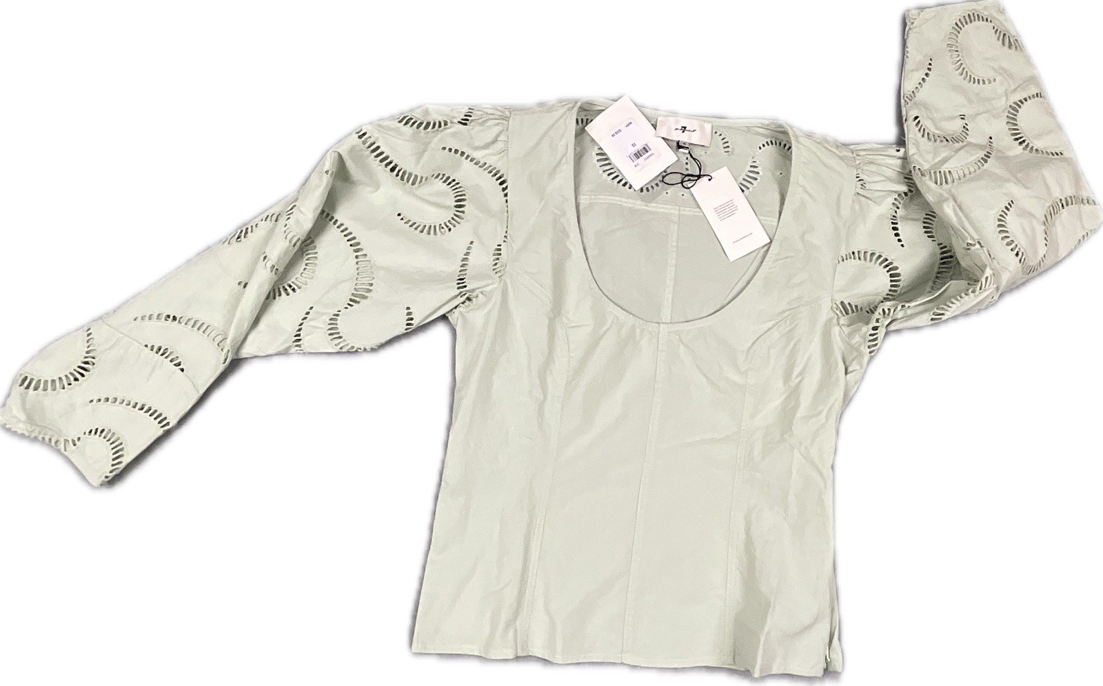 7 For All Mankind Blouse Women’s XS Green Eyelet Puff Sleeve Scoop Neck NWT
