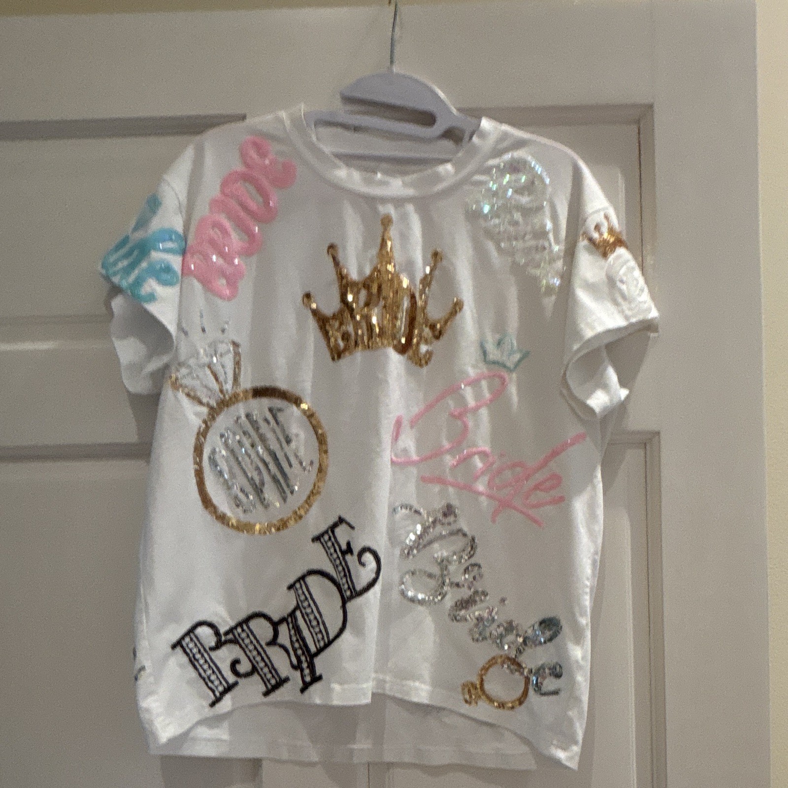 Queen of Sparkle XS White Cotton Bride Sequin Embroidered T-Shirt
