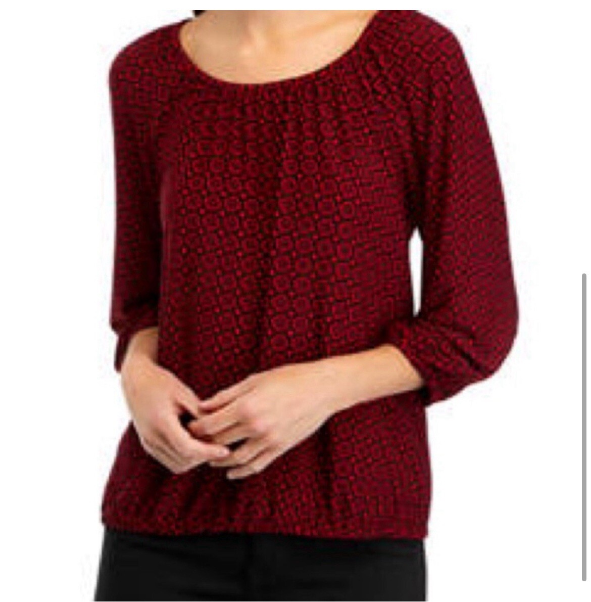 Anne Klein Medium Petite 3/4 Sleeve Shirred Printed Top Fire Red Multi NWOT