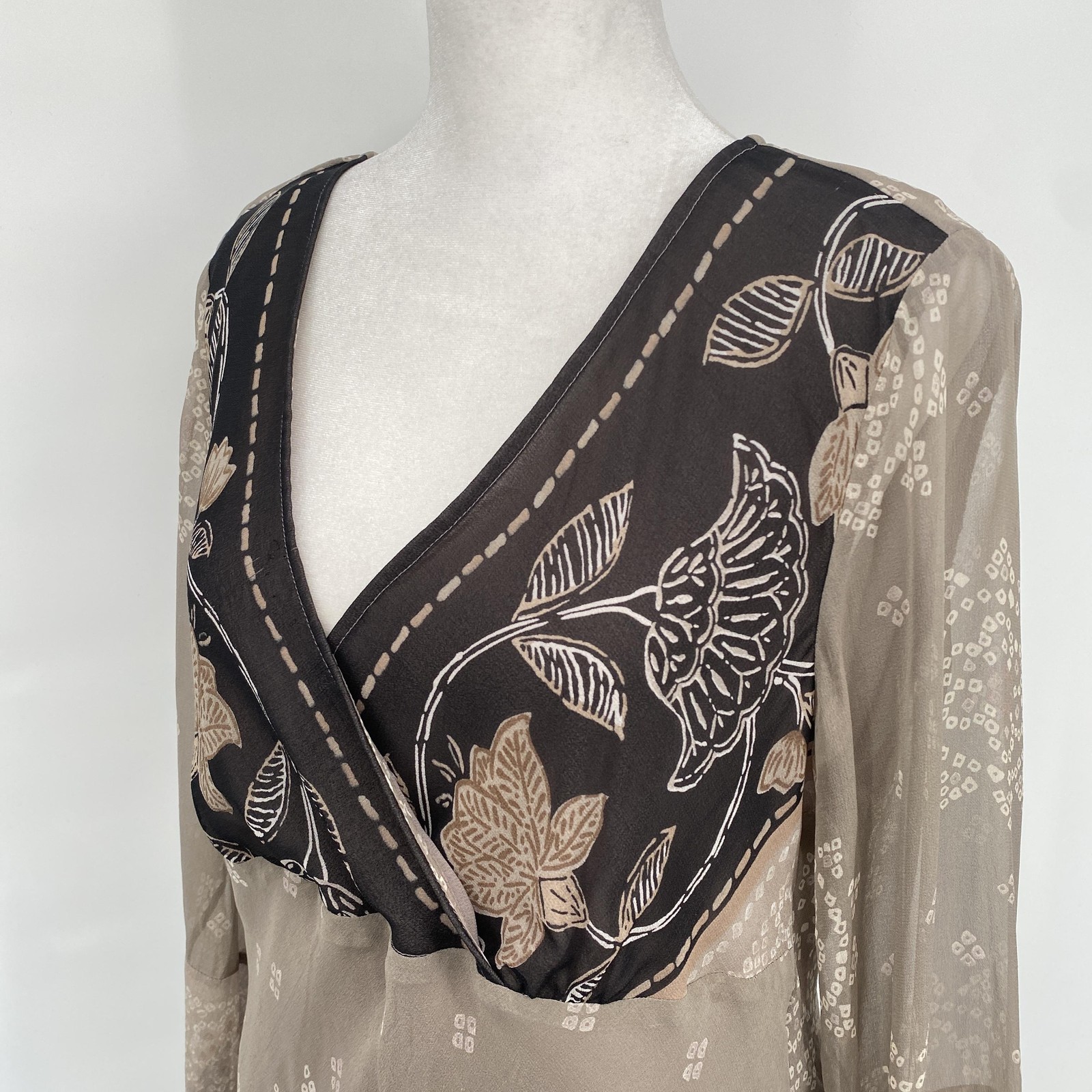 VTG NYC Design Co Top Womens Medium Beige Floral Silk Sheer Lined Fairy Boho Y2K