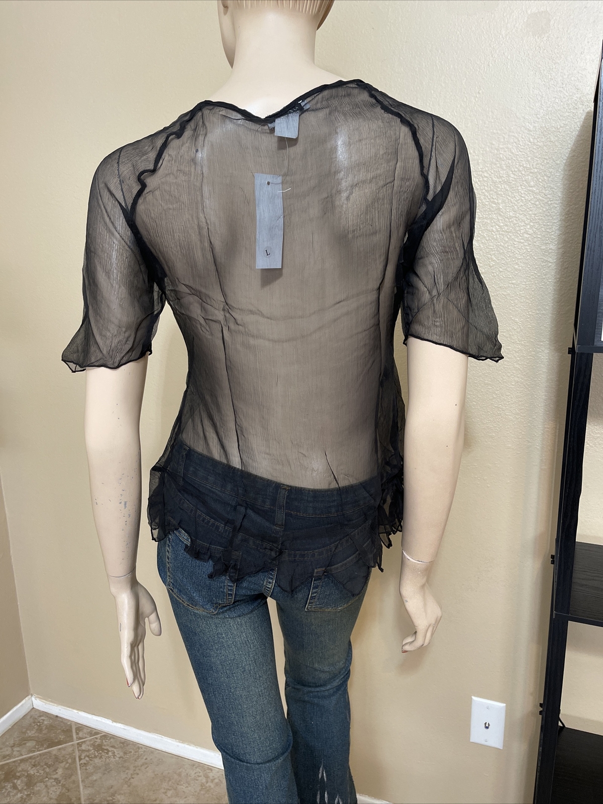 Women’s Black Silk Casual Summer Sheer Beaded Embroidered Lace Size L Blouse Top
