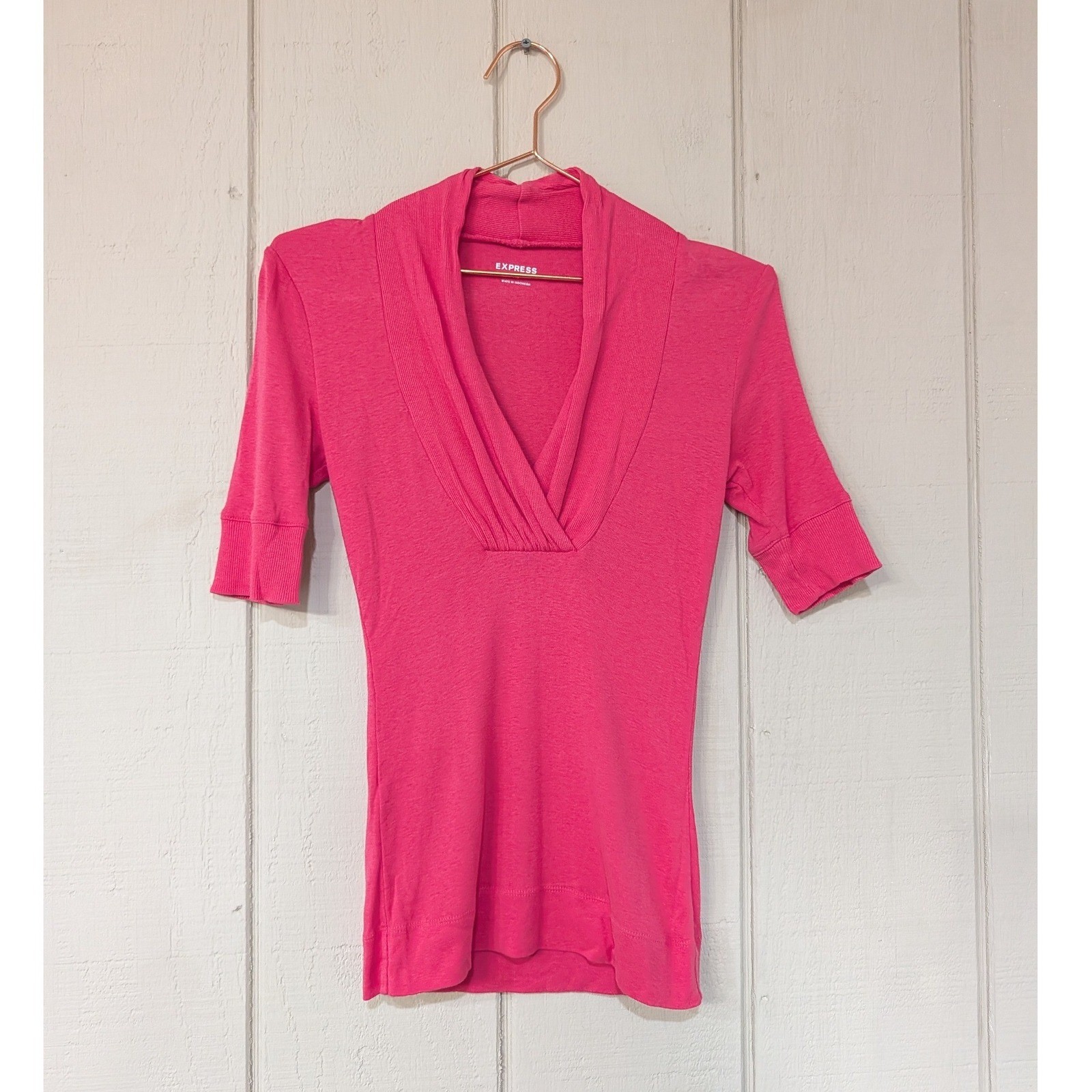 Express Pink Surplice V-Neck Pleated Shawl Collar Top Y2K Longline XS