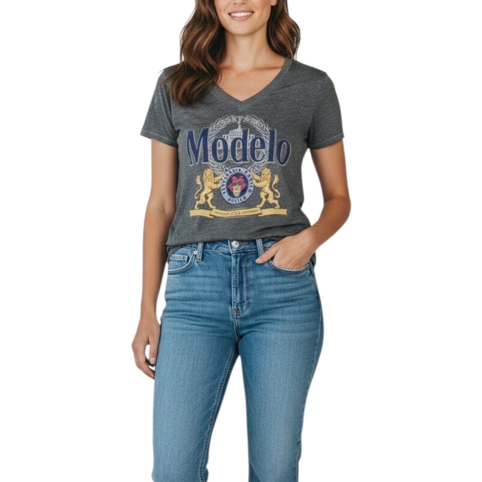 Lucky Brand x Modelo Women’s Graphic V-Neck T-Shirt Gray Size M Beer Logo tee