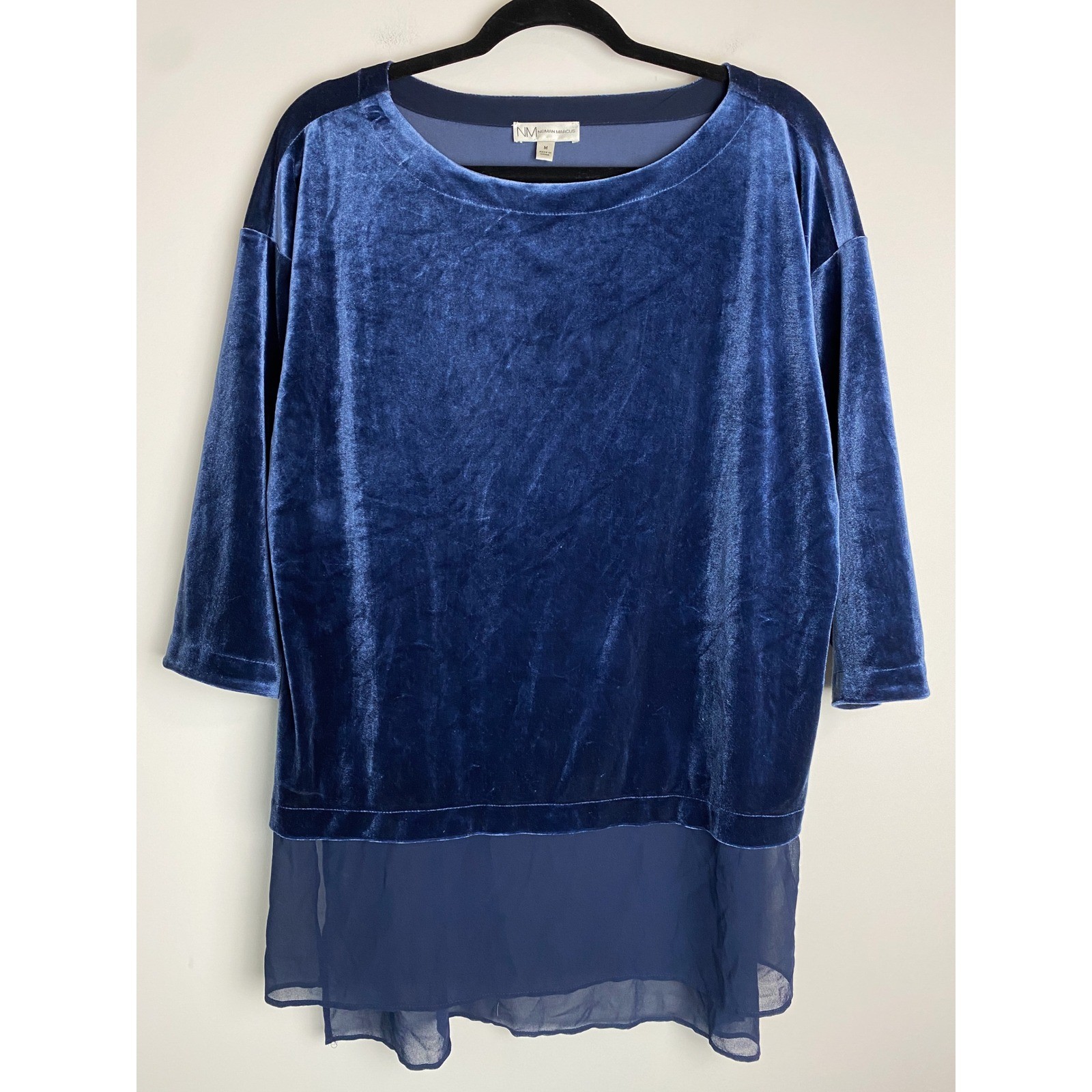 Neiman Marcus Womens Velvet Sheer Hem Tunic Top M Navy Chiffon Holiday Office