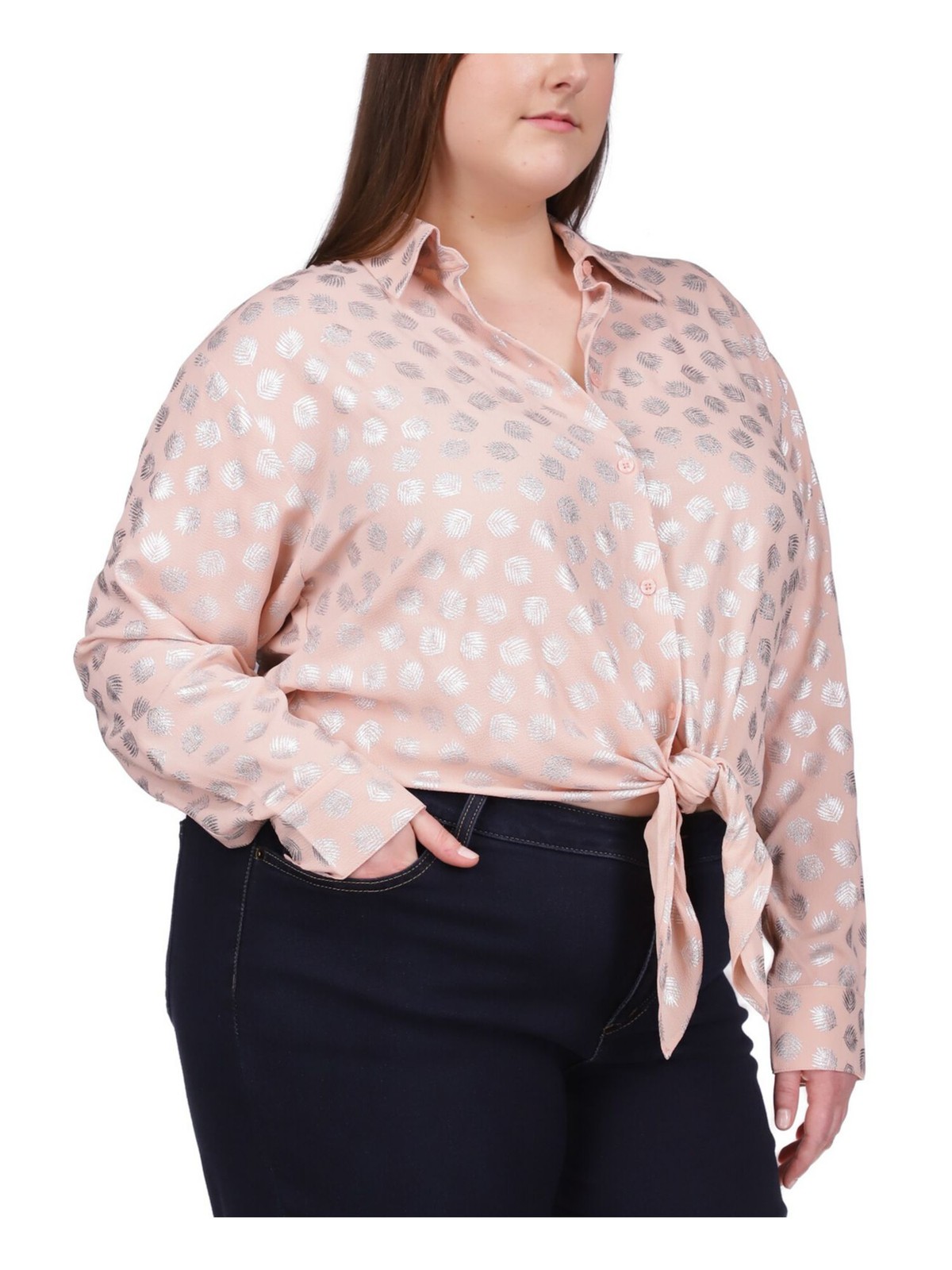 MICHAEL KORS Womens Top Button Up Pink Long Sleeve Tie Front Hem Plus 2X