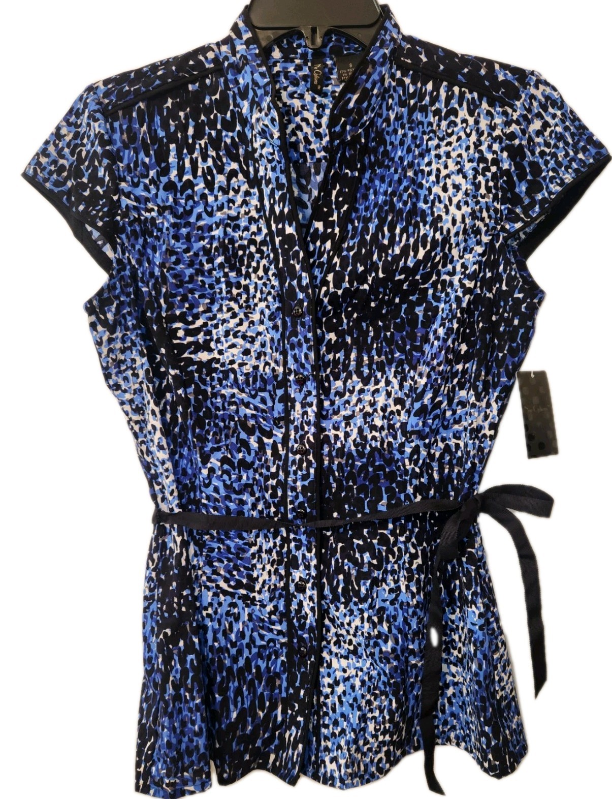 Nue Options Black Blue White Womens Small Polyester Belted Button Up Blouse NWT